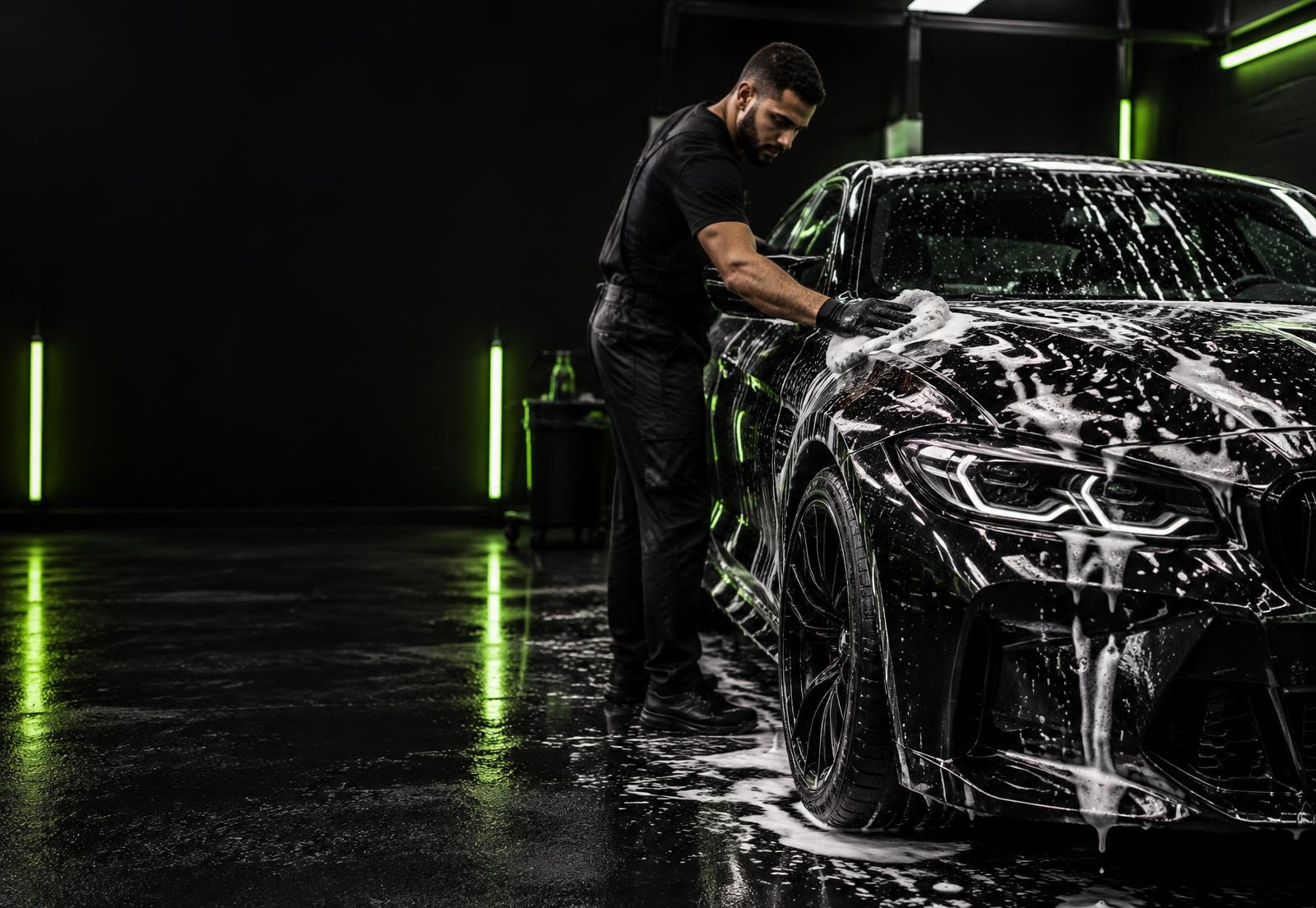 Profissional realizando lavagem detalhada em automóvel